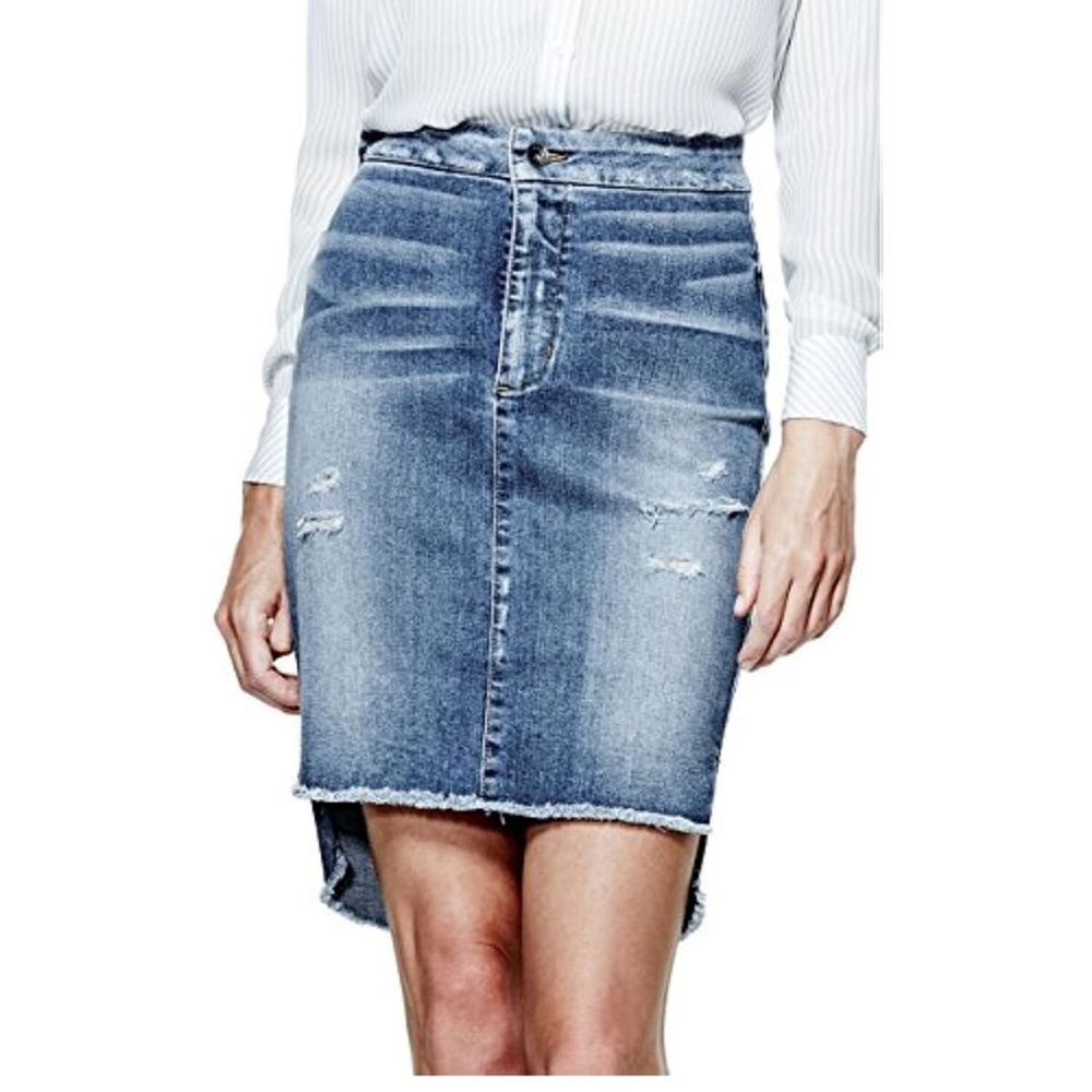 Guess Los Angeles size 29 high rise- low‎ distressed Longette pencil denim skirt
